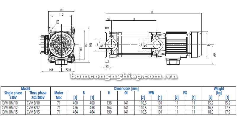 Máy bơm nước trục đứng Ebara CVM B10-15 bảng thông số kích thước