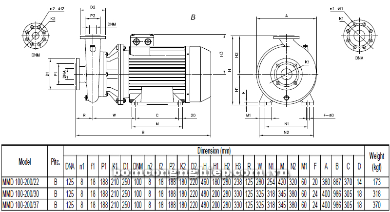 Máy bơm cao áp Ebara MMD 100-200 bảng thông số kích thước