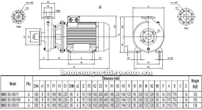 Máy bơm cao áp Ebara MMD 80-160 bảng thông số kích thước