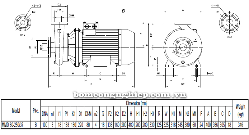 Máy bơm cao áp Ebara MMD 80-250 bảng thông số kích thước